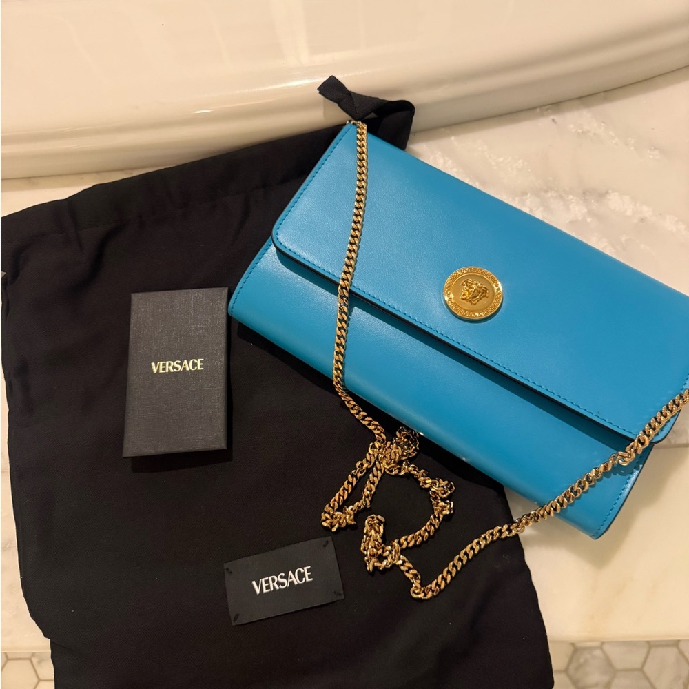 SOLD Authentic Versace La Medusa Turquoise Leather Clutch With Gold Chain